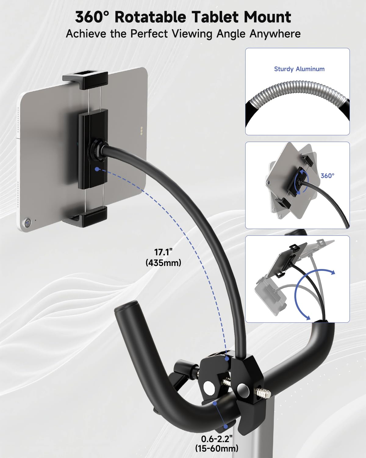 Gooseneck iPad Holder, 360° Adjustable iPad Holder for Treadmill with Super Strong Clamp, Tablet Mount for Stroller, Gym Bicycle, Spin Bike, Wheelchair, Mic Stand, Compatible with 4.7-13" Devices