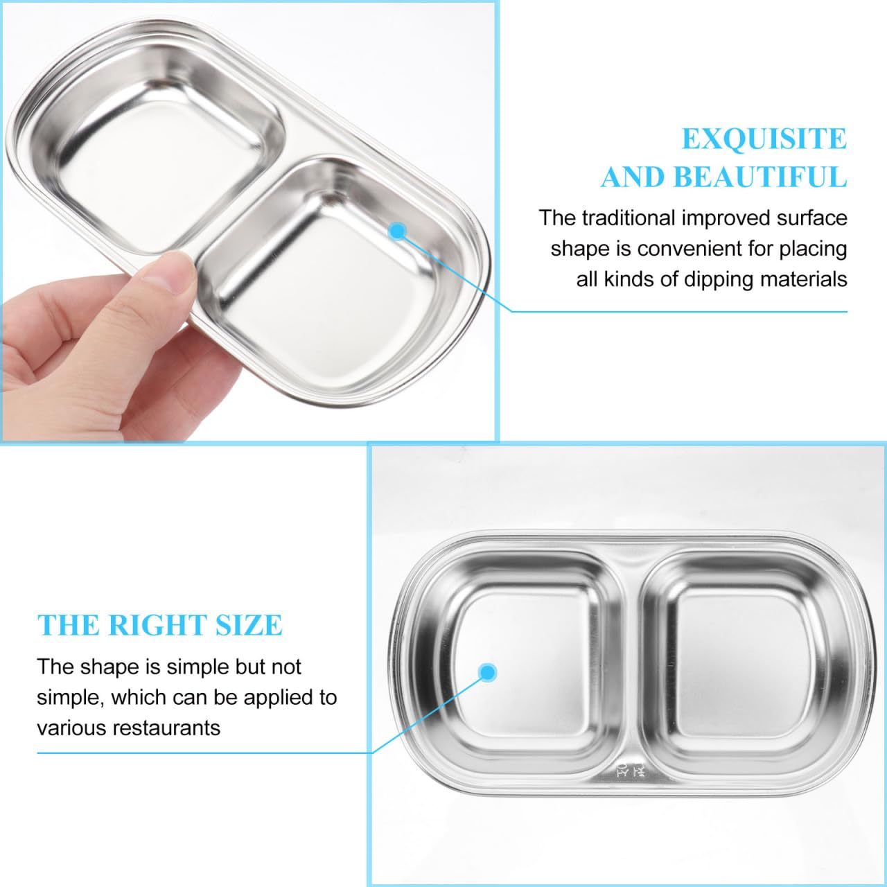 Hemoton 3Pcs Stainless Steel Seasoning Dishes,2 Grid Dipping Sauce Dishes Rectangle,Appetizer Plates,Dipping Sauce Bowl for Soy Vinegar BBQ-Chip and Condiments