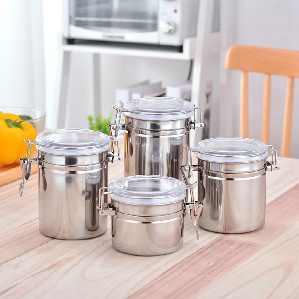 4-Piece Stainless Steel Airtight Canister Set with Clear Lids, 28/32/38/65 oz Food Storage Containers with Clamp Locks for Coffee, Tea, Sugar, Flour, Candy, Cookie, Kitchen Organization (Silver)