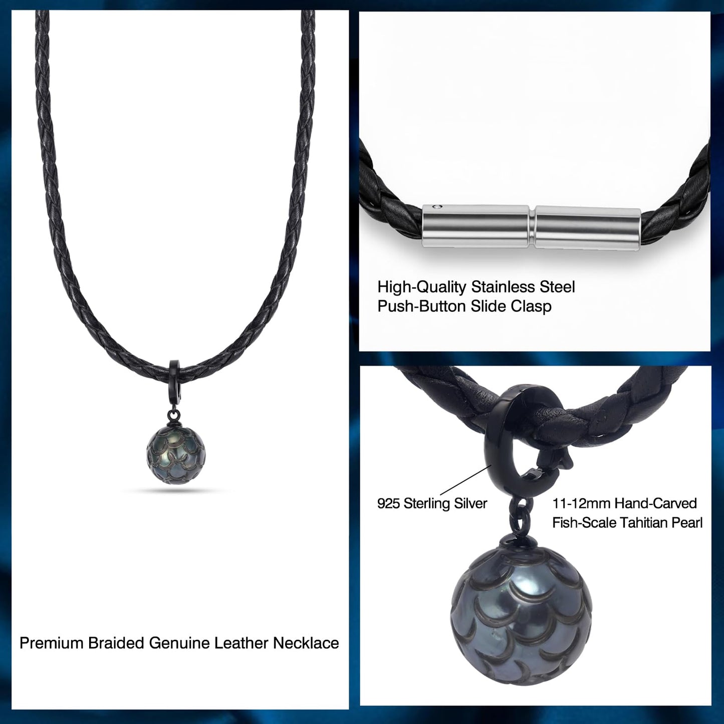 Genuine Tahitian Black Pearl Necklace - 11-12mm Hand-carved Seawater Pearl, Wedding Anniversary Birthday Christmas Gift for Wife Mom Women Daughter Sister, Unique Jewelry Gifts, Leather Chain 19.5"