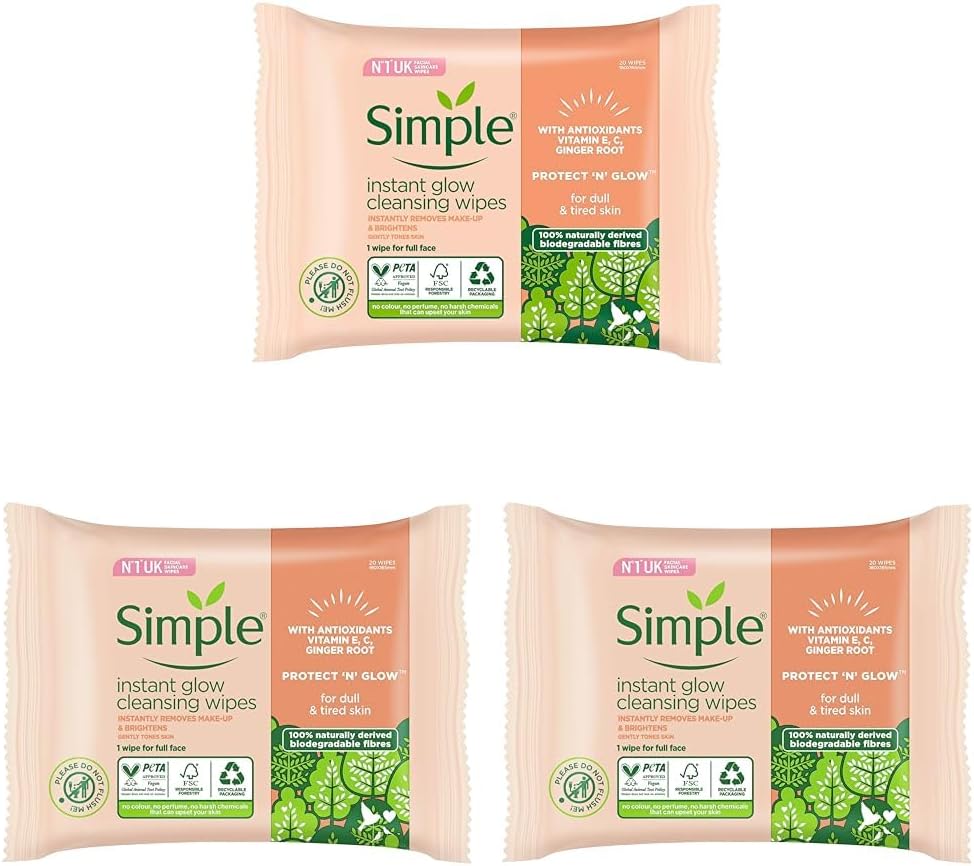 Simple Facial Wipes Protect N Glow Cleansing Bio 20 EA (Pack of 3)