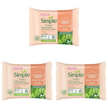 Simple Facial Wipes Protect N Glow Cleansing Bio 20 EA (Pack of 3)