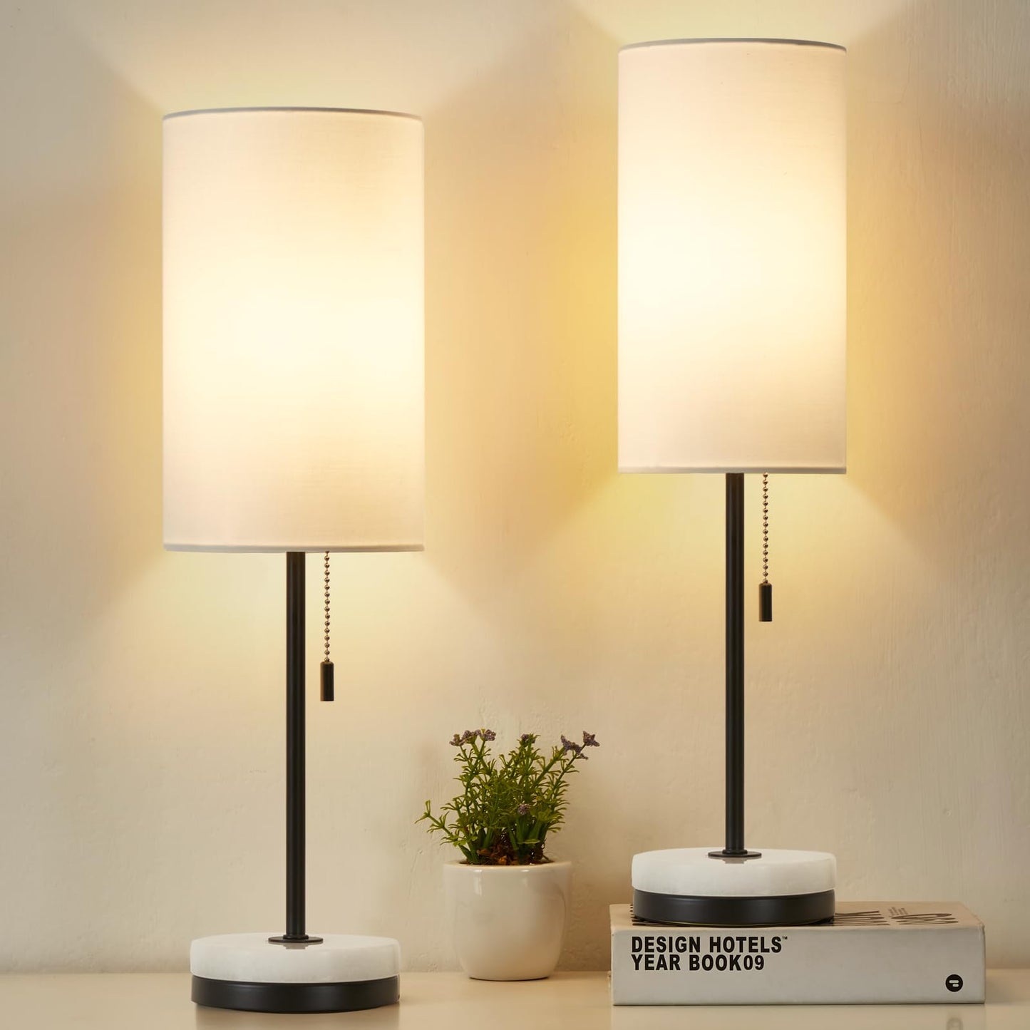 Luvkczc 18" Minimalist Table Lamp Set of 2, Nightstand Lamp for Bedroom Living Room, Modern Pull Chain Bedside Lamp with Marble Base, Fabric Shade, Small Desk Lamp for Home, Office, Reading