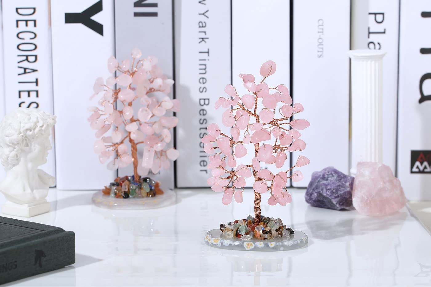 2" Rose Quartz Elephant Decor and Crystal Tree of Life Healing Crystal Cute Polished Natural Stone Hand-Carved Statue Figurines Energy Hippie Home Room Office Desk Decoration Gifts for Women Men