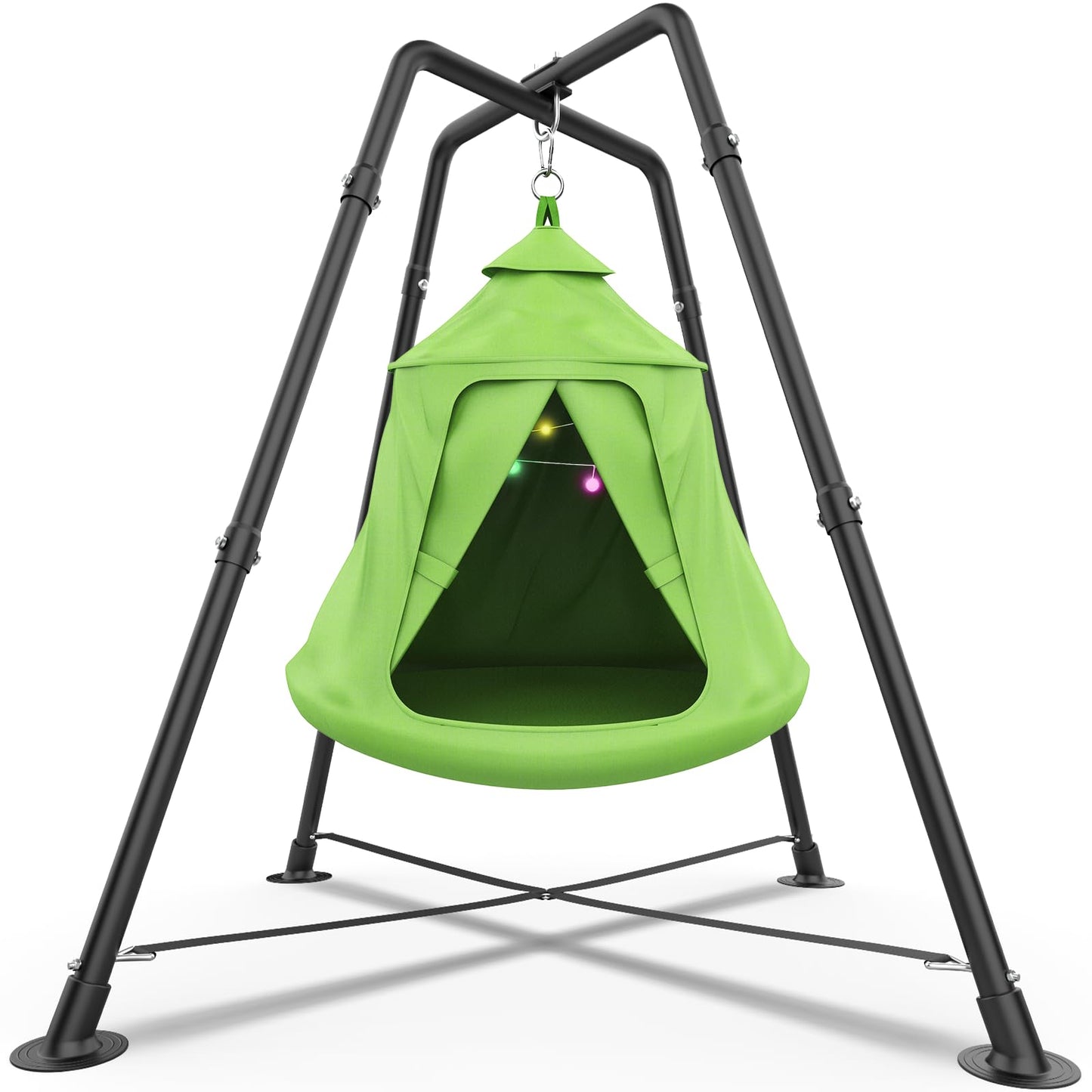 Swing Set with Tent Swing, X-Shaped Swing Frame with Sensory Swing, Tent Swing with Swing Stand, Hammock Chair with Stand, 330 lbs Capacity, w/Rainbow Lights String, Indoor/Outdoor Use(Green)