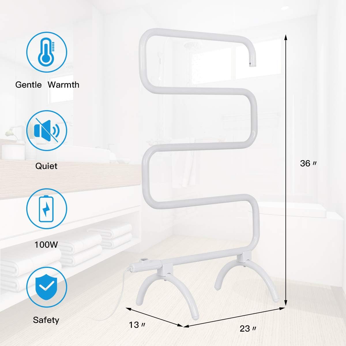 Electric Towel Warmer, S-Shaped Heated Towel Rack with Built-in Switch, Constant Temperature Control, 15 Min Fast Heating, Freestanding & Wall-Mounted Drying Rack for Bathroom, White