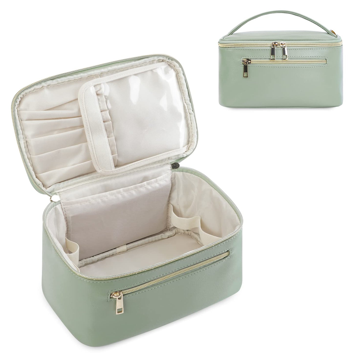 Travel Makeup Bag with Brush Compartment, Large Cosmetic Bags, PU Leather Makeup Case with Handle, Water-Resistant for Women, Green (Patent Pending)