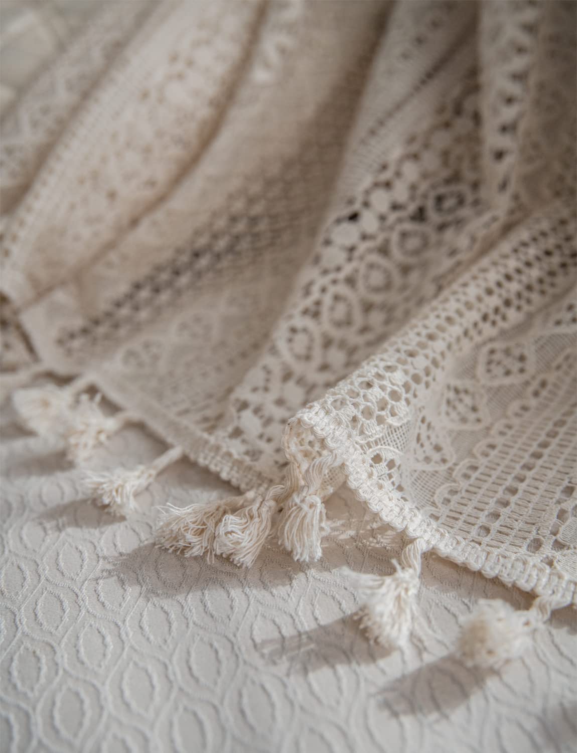 Boho Curtains for Living Room Bedroom, 63 inch Length 2 Panels Set Cotton Linen Semi Sheer Farmhouse Window Curtains with Tassels & Rod Pocket, Beige Lace Crochet Rustic Floral Long Curtain Drapes