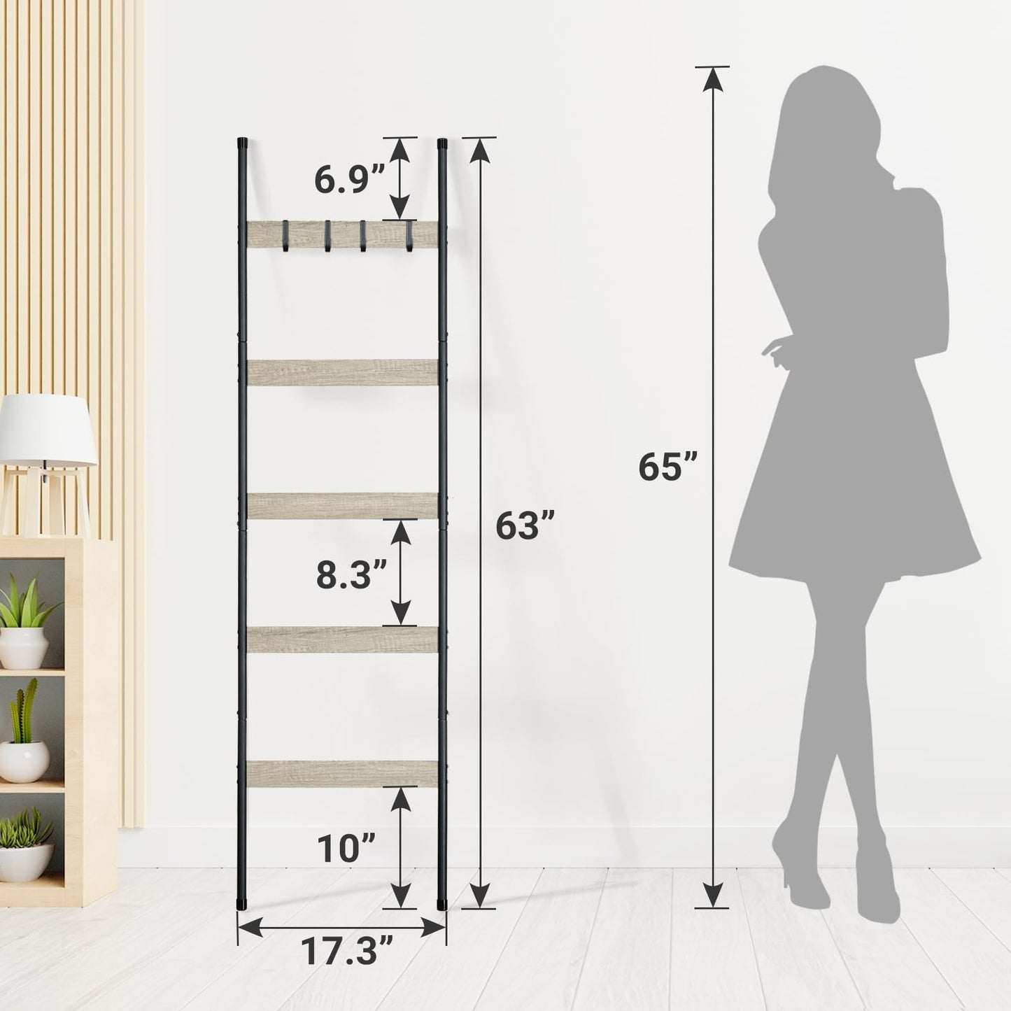 ELYKEN Blanket Ladder for Living Room, Farmhouse 5-Tier Quilt Holder with 4 Removable Hooks for Bathroom, Wood Towel Rack Display, Wall Anchor Leaning Decorative Stand for Home, White Oak