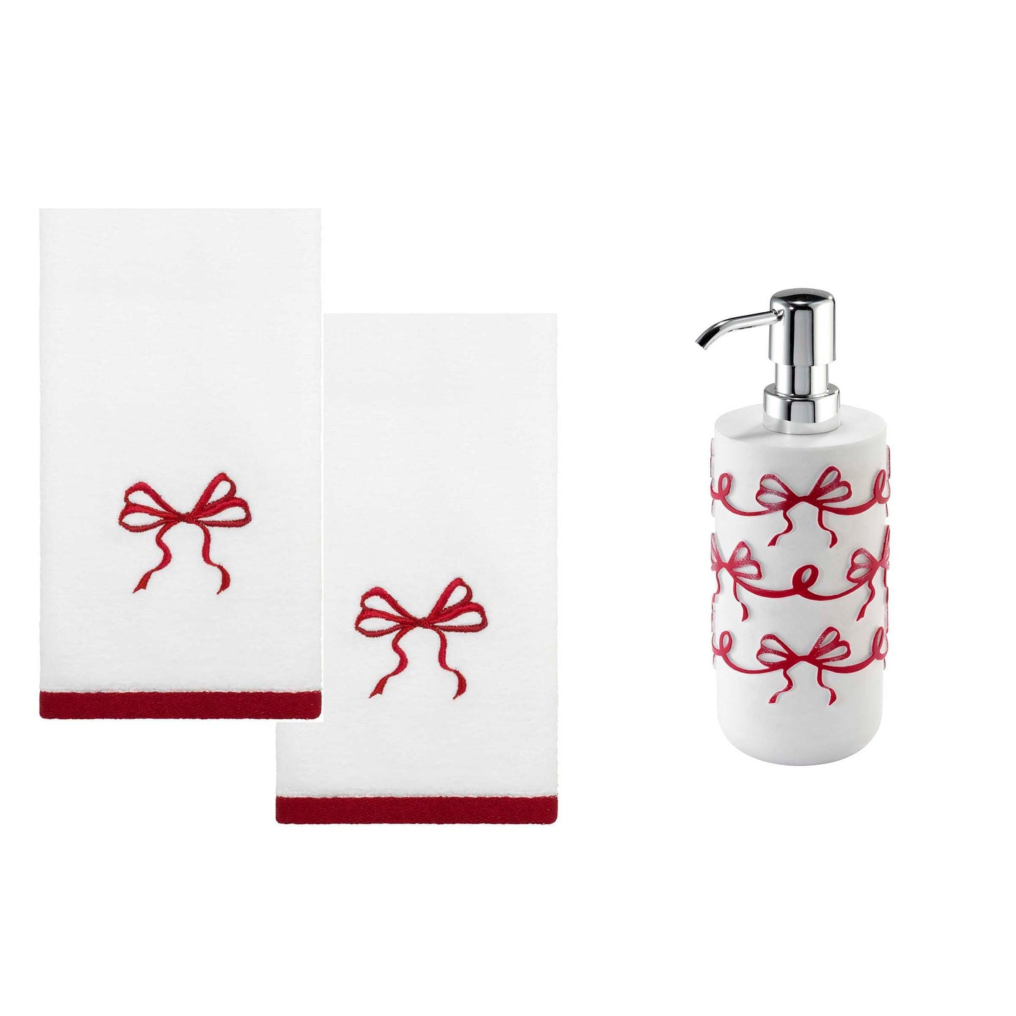 Avanti Linens - Bathroom Bundle, 2-Pack Cotton Velour Fingertip Towels & Resin Lotion Pump, Holiday Bathroom Essentials (Christmas Bows)