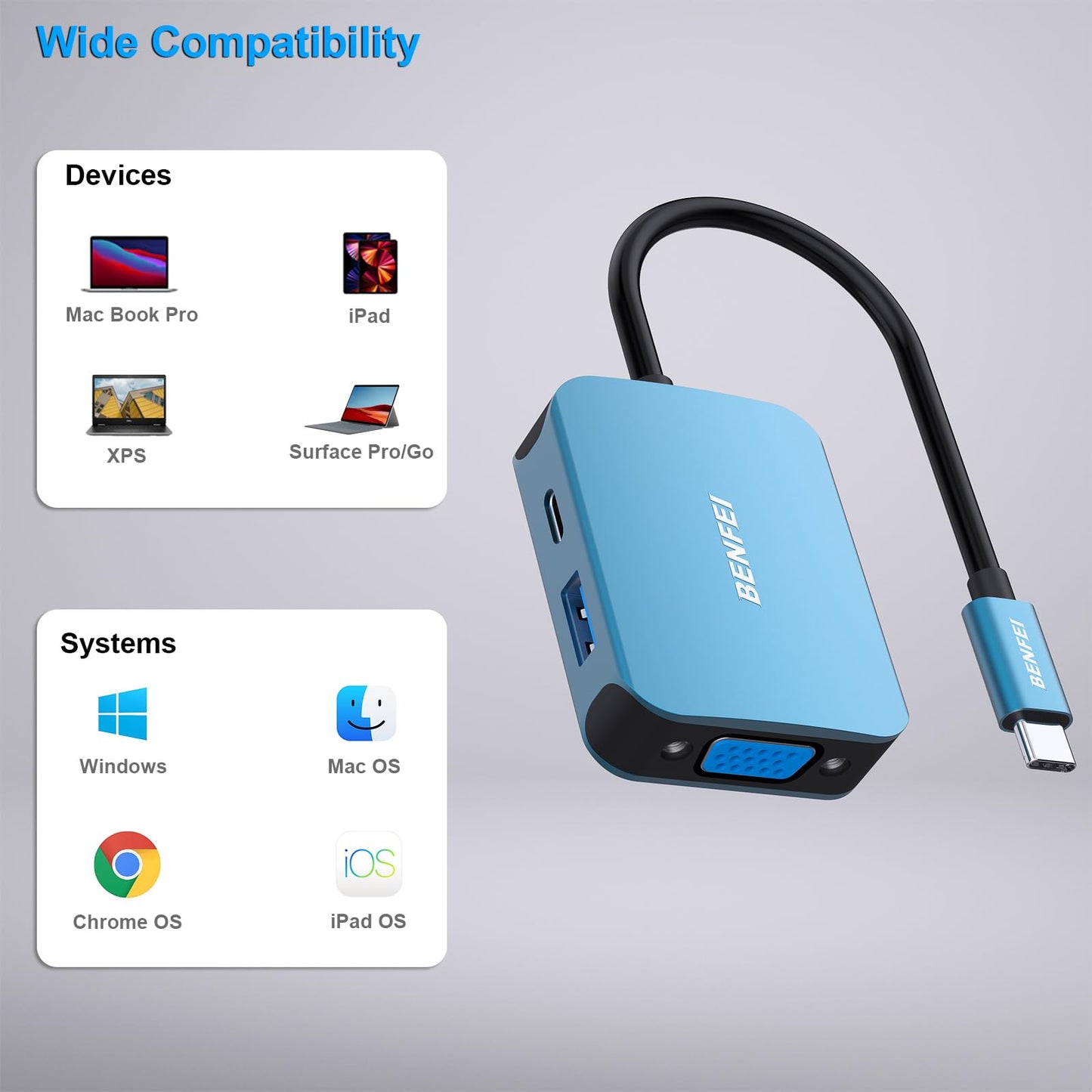 BENFEI USB C HUB, USB Type-C to HDMI VGA Adapter, USB C to USB Adapter, USB Type-C Power Delivery, Compatible for MacBook Pro 2021/2020/2019,Surface Book 2, Dell XPS 13/15, Pixelbook and More