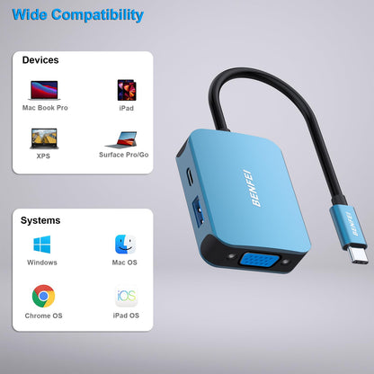 BENFEI USB C HUB, USB Type-C to HDMI VGA Adapter, USB C to USB Adapter, USB Type-C Power Delivery, Compatible for MacBook Pro 2021/2020/2019,Surface Book 2, Dell XPS 13/15, Pixelbook and More