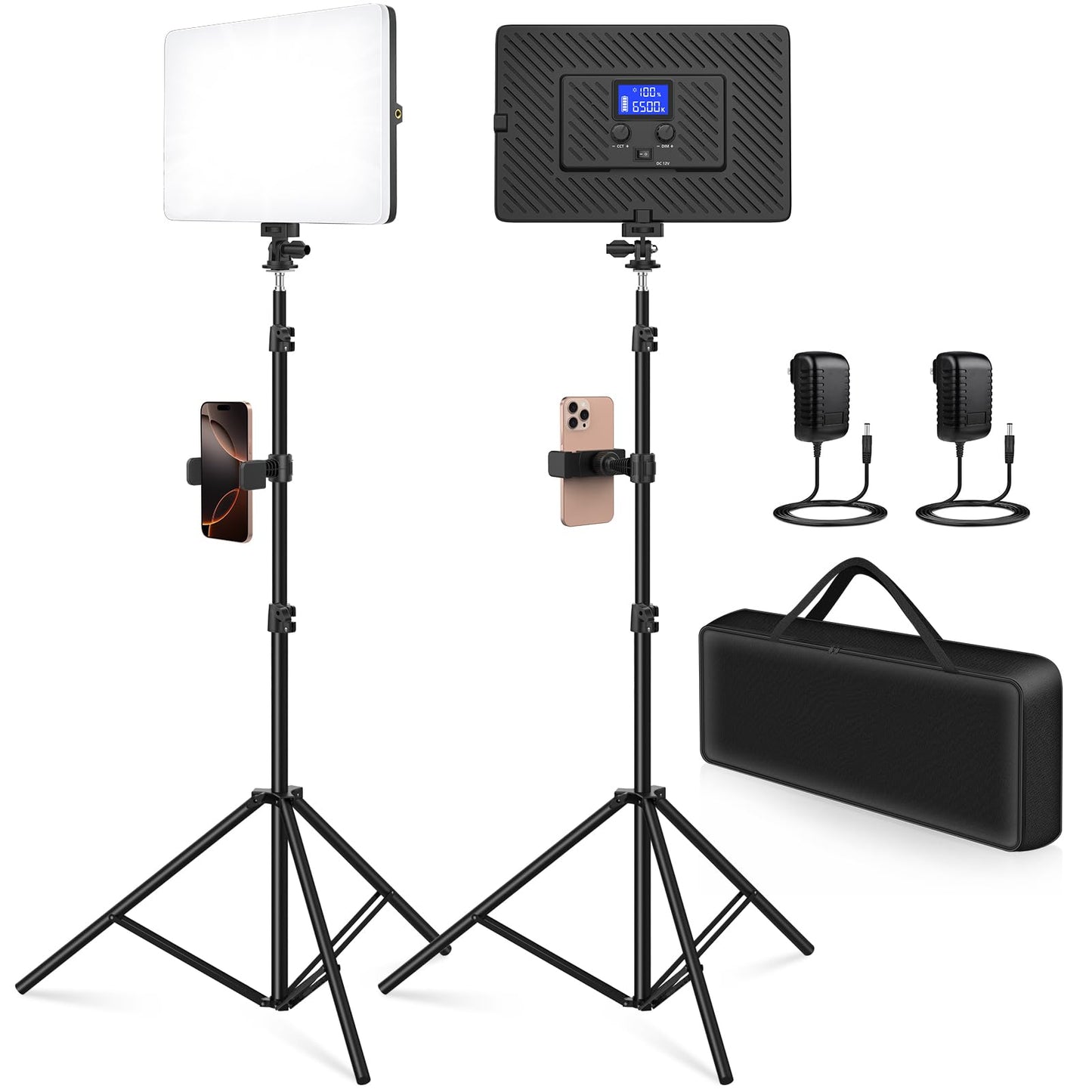 Kmasic 2 Pack Led Video Light Kit, 4000mAh Rechargeable Lithium Battery, Light Panel 2500k-8500k 2200Lux 79 inches Light Stand for Studio Photography Light Video Recording Game Live Streaming