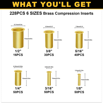 Siptenk 236PCS Brass Compression Tube Inserts for OD 1/2" 3/8" 5/16" 1/4" 3/16" 1/8", 6 Sizes Tubing Insert Brass Ferrule Fitting Assortment Kit