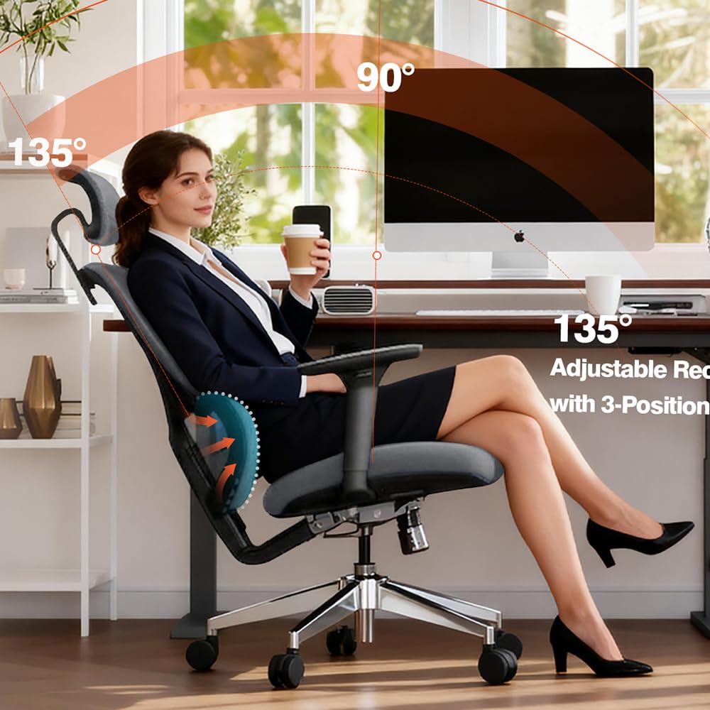 Jacia House Grey Ergonomic Mesh Home Office Chair, Big & Tall Gaming Chair - High-Adjustable Lumbar Support, 4D Armrests, 2D Headrest, 90°~135° Tilting with Lock, Swivel Desk Chairs 600lb Capacity