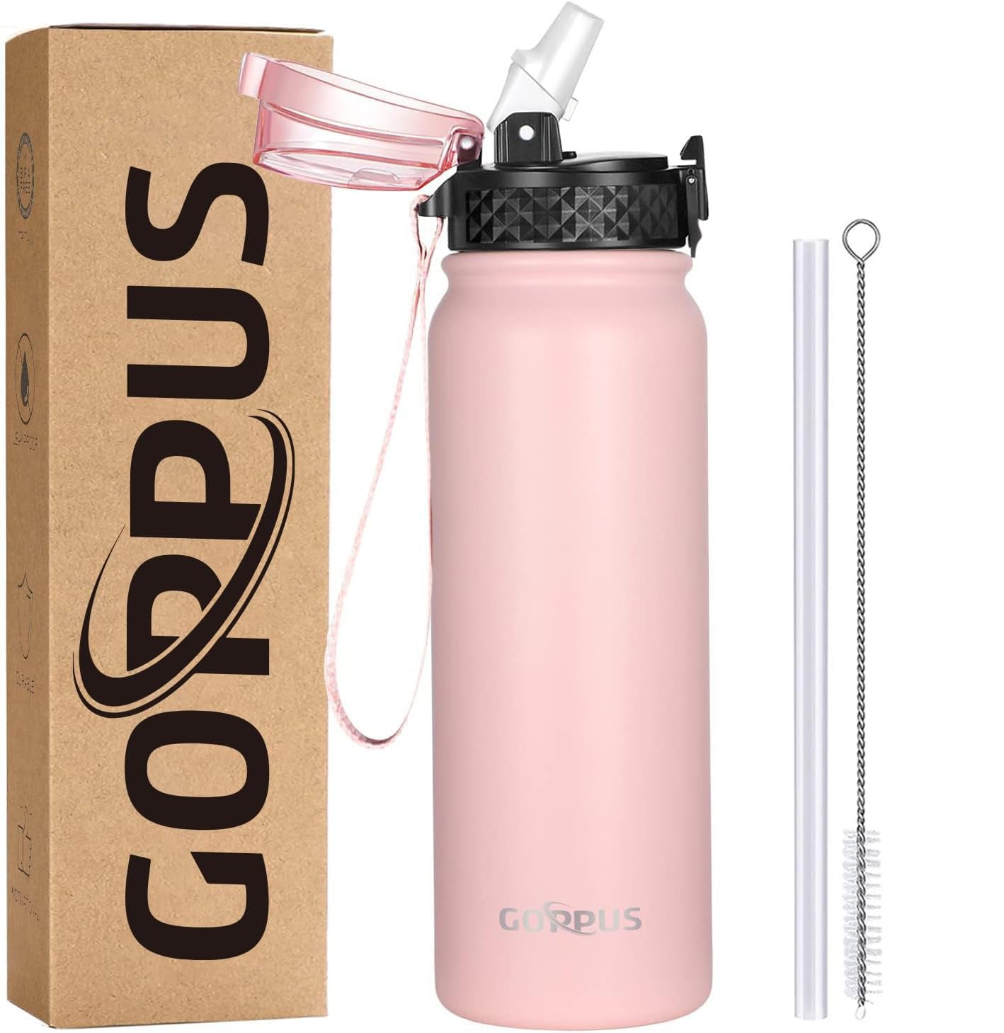 GOPPUS 600ml/20oz Stainless Water Bottle with Straw Double Wall Insulated Bottles with Strap Reusable Vacuum Thermal Flask Leakproof Keep Cold Drinks Bottles with Flip Top Lid for Men Women BPA Free