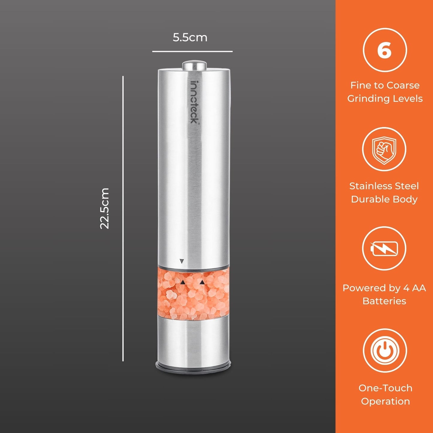 Innoteck Essentials Electric Salt and Pepper Mill Set - Battery-Operated Stainless-Steel Pepper Mill with Light - One Touch Operation - Salt & Pepper Mills - Adjustable Coarseness - Ceramic Grinder