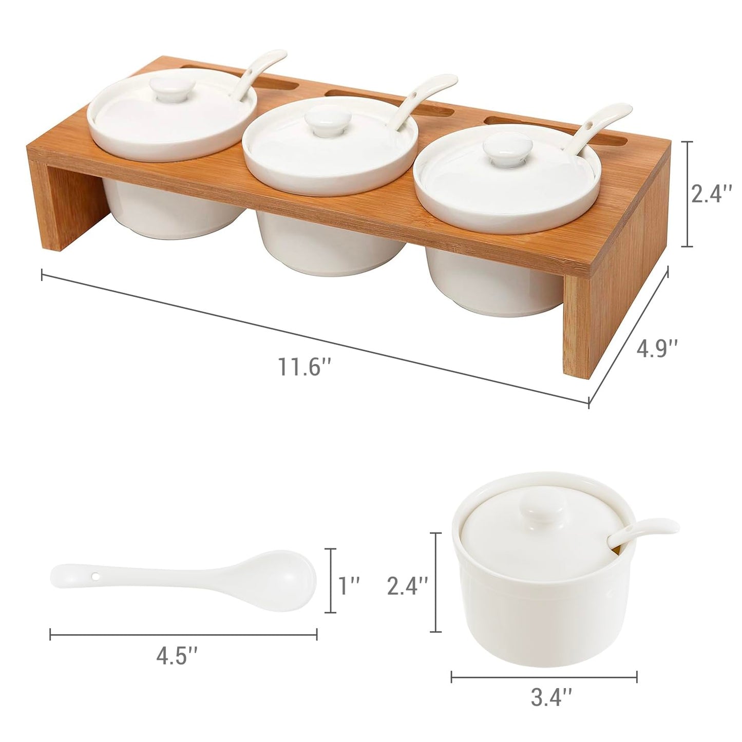 MyGift 10 Pcs Sauce Serving Dish, Hosting Party Essentials Host Gift, 3 Ceramic Ramekin Chip Dip Bowls with Lids & Spoons, Premium Bamboo Server Tray, Condiment Pot Entertaining