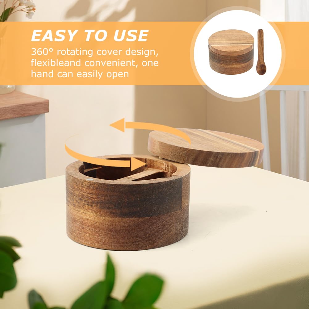Restynic Wood Salt & Pepper Bowl with Magnetic Swivel Lid - Built-in Spoon, Natural Wood Grain, for Kitchen Spice Storage or Gifting(COLOR:Two Compartment)