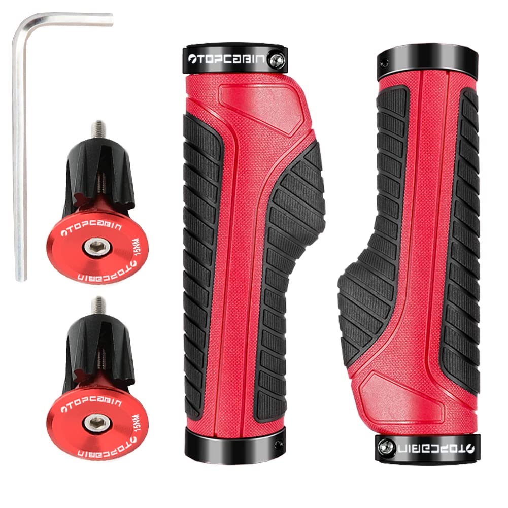 TOPCABIN Ergonomic Bicycle Grips - Widen Holding Rubber Handlebar Grips with Aluminum LockGrips for Mountain & Road Bikes (Knife Style, Red/Black Aluminum Lock Plug, 1 Pair)