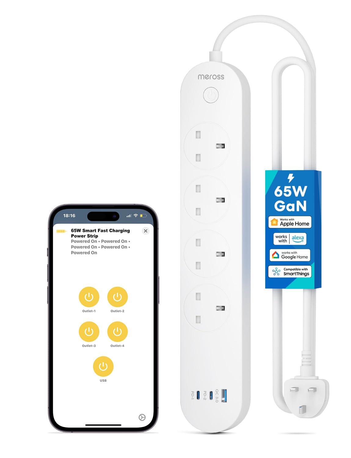 Meross Smart Power Strip, 65W GaN Fast Charger, 4 Outlet + 2 USB C + 1 USB A, WiFi Plug with 2 PD Ports, Support Apple HomeKit, Alexa, Google Home and SmartThings, Voice/Remote Control, 2.4GHz Only