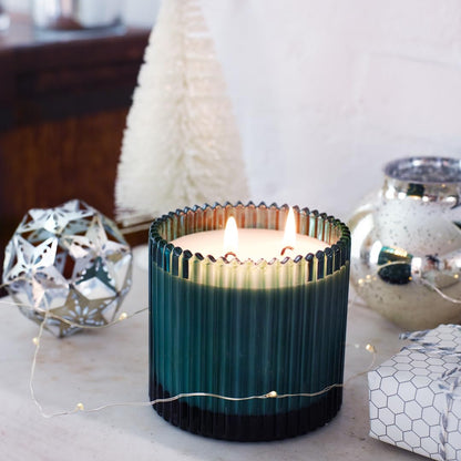 Roland Pine Two-Wick Forest Green Ribbed Glass Candle