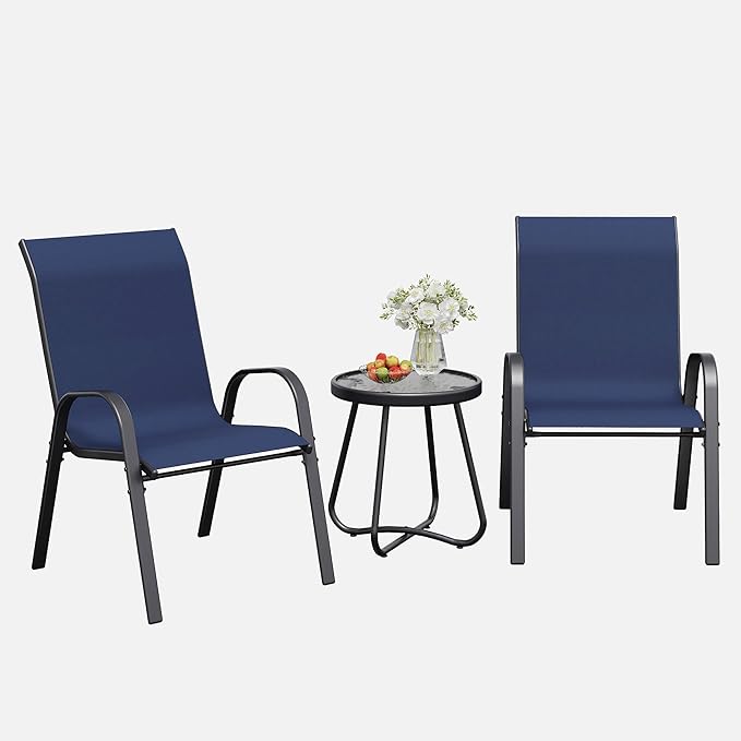 Patio Table and Chairs Set - 3 Piece Outdoor Stackable Dinging Chairs for All Weather,Breathable Garden Furniture for Deck Garden Backyard (Navy Blue)