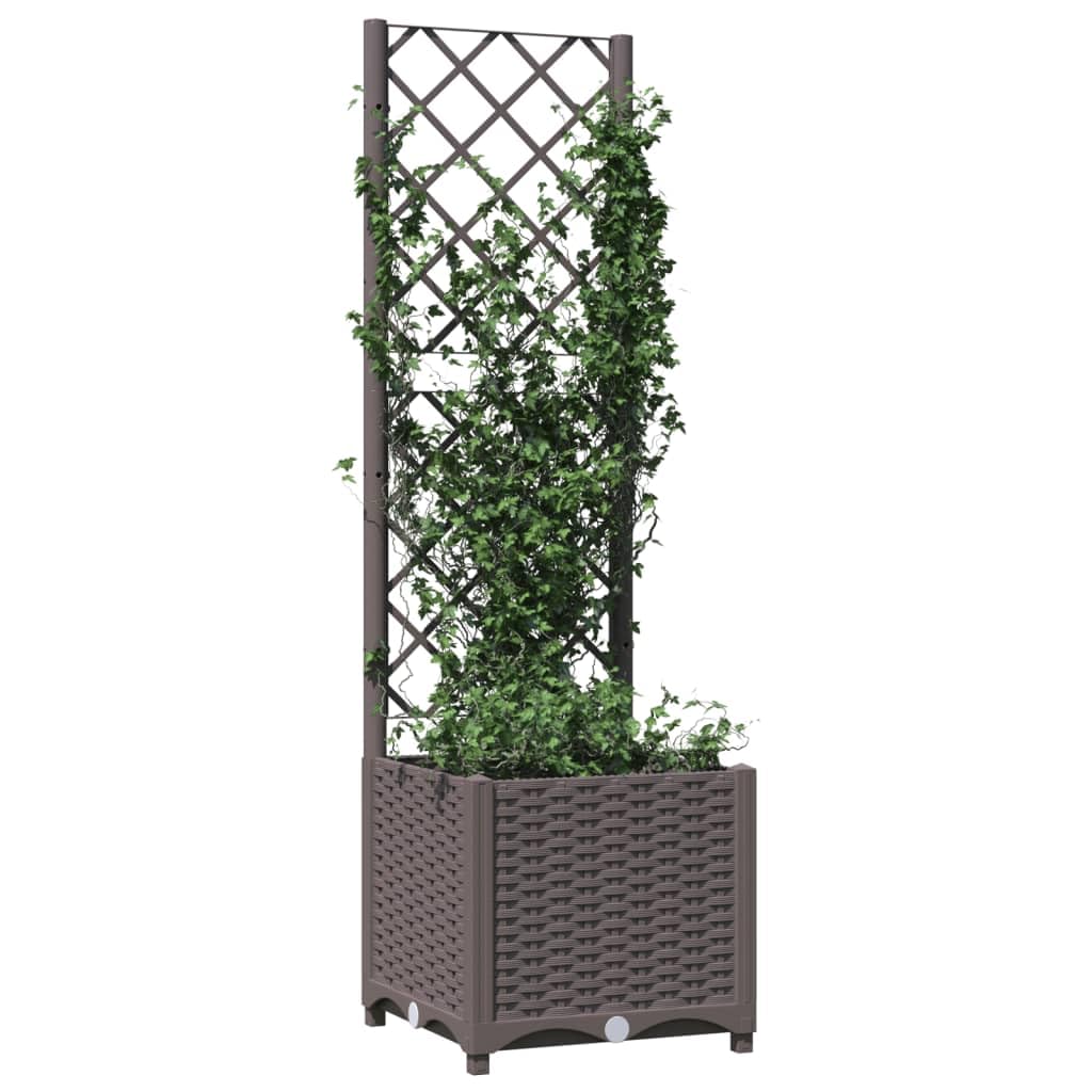 Favemtsl Square Raised Garden Bed with Trellis, 15.7x15.7x53.5 in Brown Polypropylene Planter Box, Modern Vertical Patio Outdoor Planter for Climbing Plants and Flowers