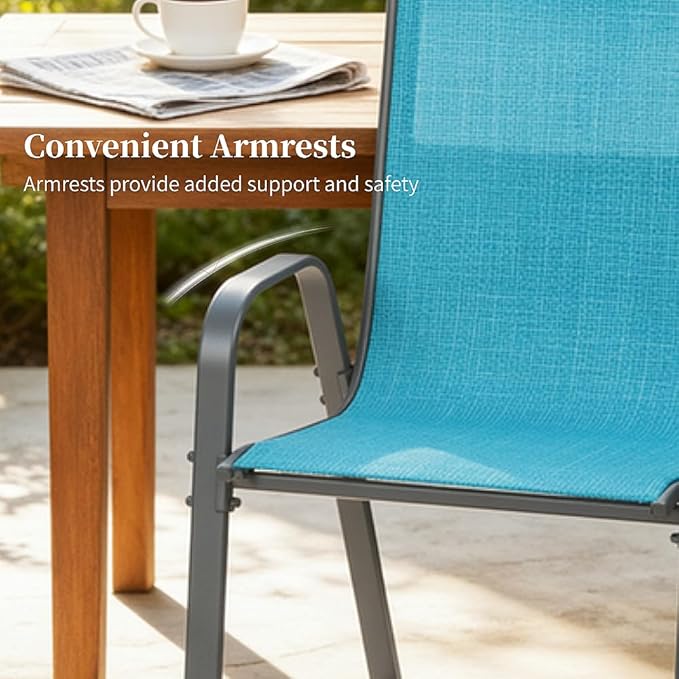 MAMIZO Patio Dining Chairs, Stackable All Weather Teslin Chair, Heavy Duty Outdoor Breathable Chairs Set, w/Armrests, Upgraded Chair FeetW/Strenthened Iron Spacers, 330 LBS (6, Turquoise Blue)