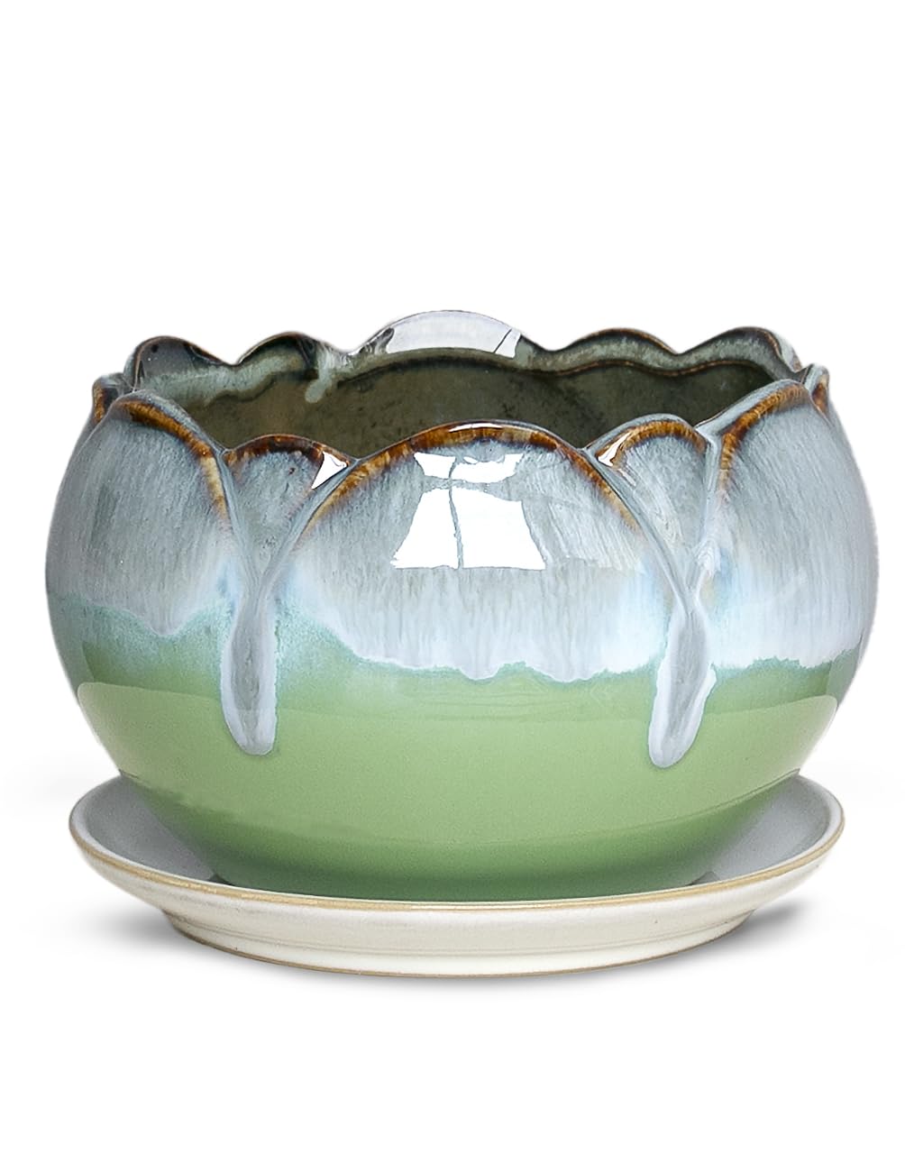 Dahlia 5.5'' Inch Rustic Drip Glazed Ceramic Planter/Succulent Pot/Plant Pot w. Saucer/Tray, Green