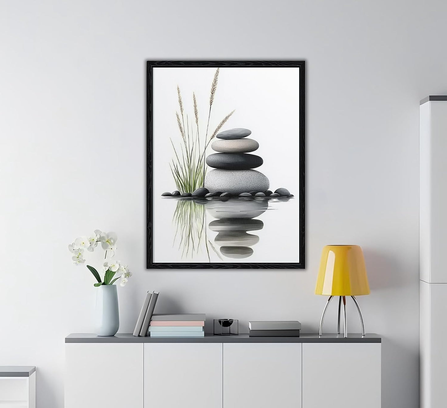 Serene Zen Stacked Stones with Water Reflection Canvas Wall Art - Cozy Modern Minimalist Spa Decor for Bathroom Bedroom Living Room - HD Waterproof Premium Stretched Framed Ready to Hang 12x16 Inches