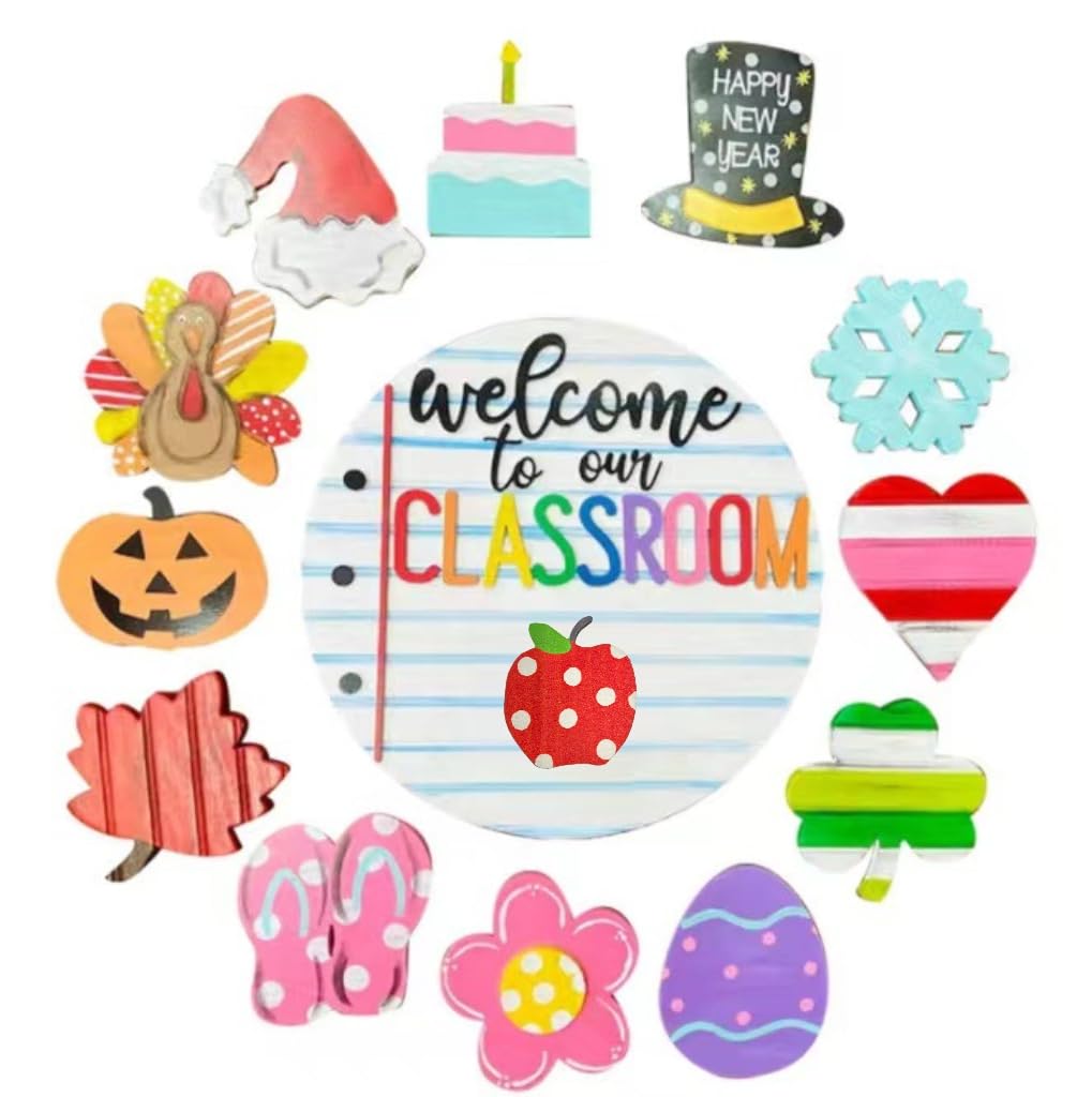 Welcome to Classroom Front Door Decoration Sign, Seasonal Door Sign,-12 inch Interchangeable Wooden Plaque for Classroom/Home, DIY Wall Decor for Christmas Holidays & Back-to-School,13 Patterns