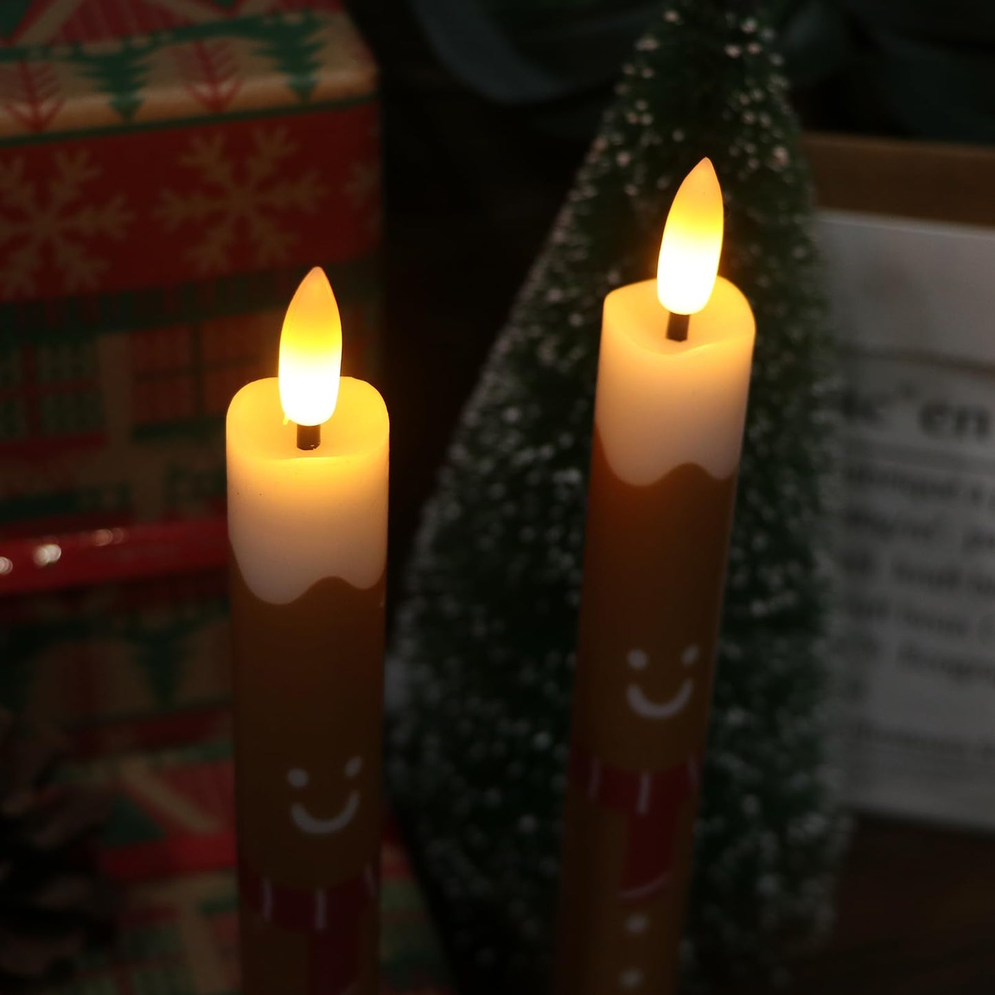 Lasumora Gingerbread Man LED Flameless Taper Candles, 2 Pack with 6H Timer, 3D Flickering Flame, Plastic, Brown