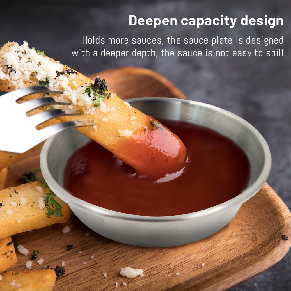 Huakaile 6Pcs Stainless Steel Sauce Dishes Round Seasoning, Soy Sauce Dipping Bowls 2 Oz, 4 Inch Pinch Bowls for Cooking Prep Metal, Sushi Appetizer Plates for Appetizer, Ketchup, Dessert (Silver)