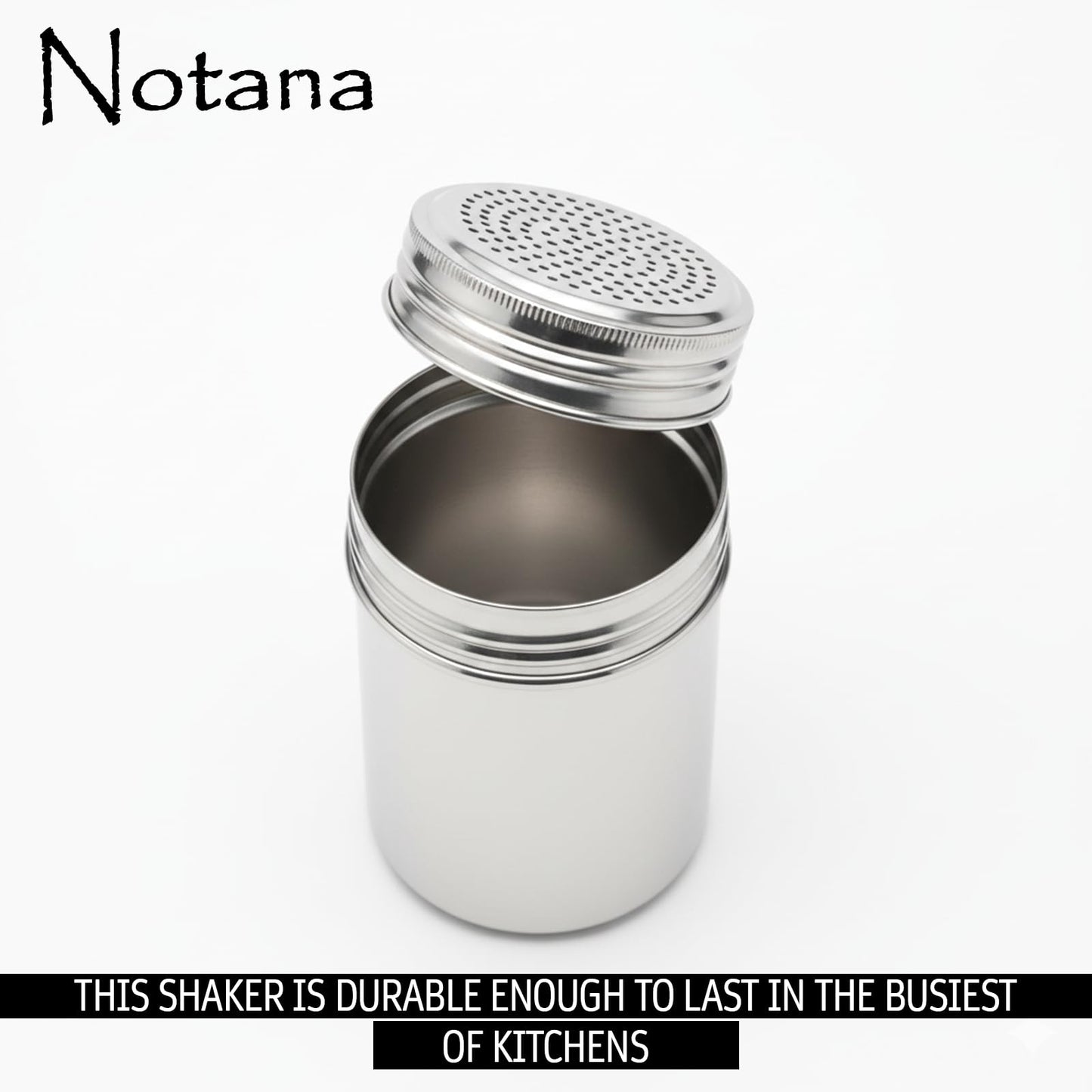 Notana 10 Ounce Stainless Steel Dredge Shaker (2 Pack) for Powder Sugar, Flour Duster for Baking, Seasoning Shaker with Lid, Metal Salt and Pepper Shakers, Cinnamon Sugar Shaker Dispenser for Kitchen