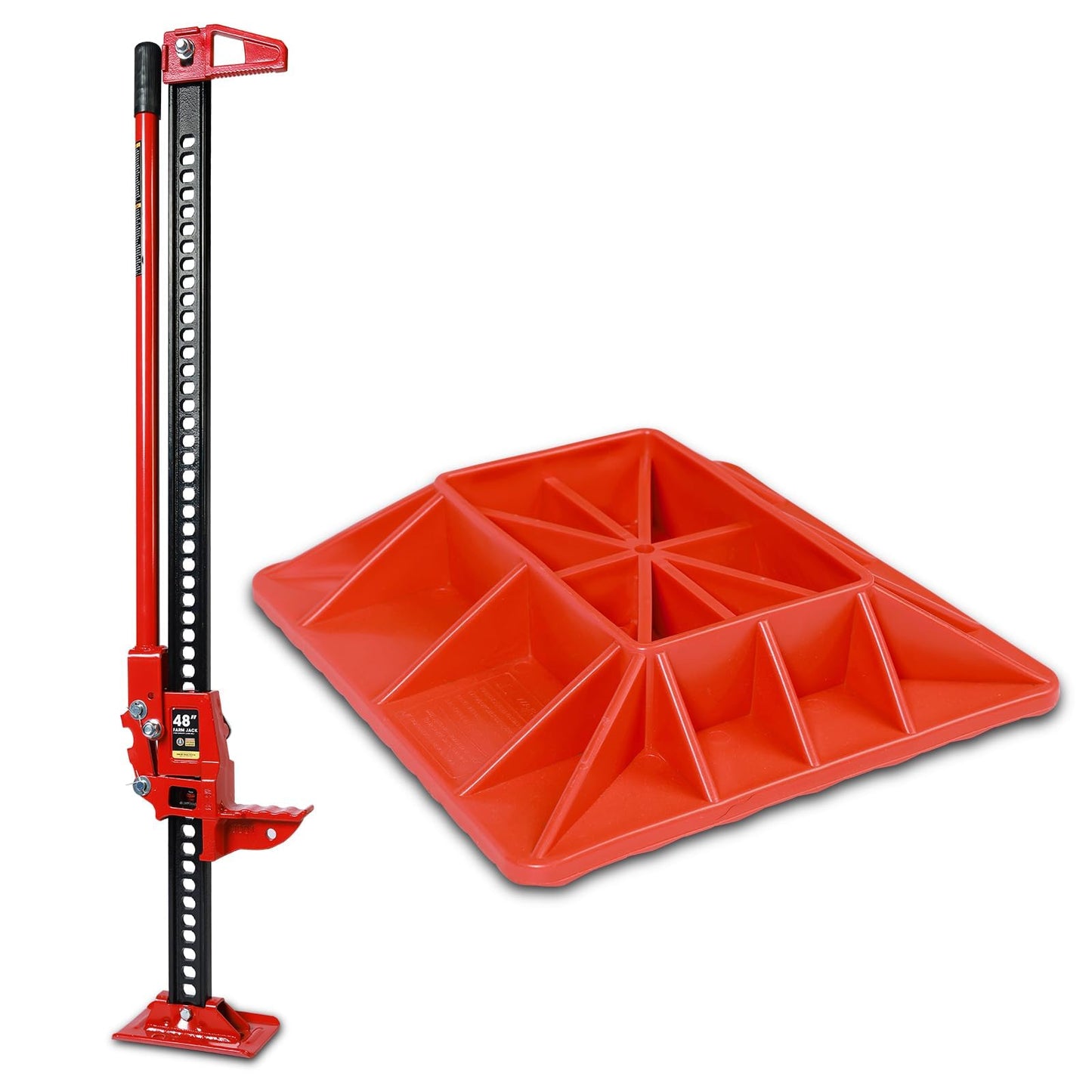 Big RED 48" High Lift Farm Jack with Base Mate - 3-Ton Off-Road Recovery Jack for Car, Truck, Jeep, ATV, SUV & UTV - Prevents Sinkage in Sand, Mud & Snow