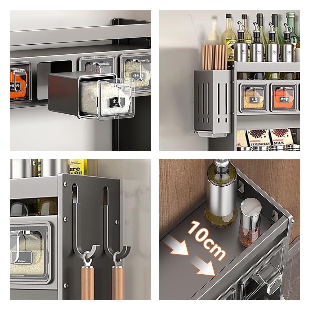 ANQIA Kitchen Seasoning Shelf Spice Rack Wall Mount with Hooks and Utensil Holder Hanging Seasoning Box Shelf Seasoning Jar Organizer for Sugar Salt Pepper Oil Bottle (4 Boxes)
