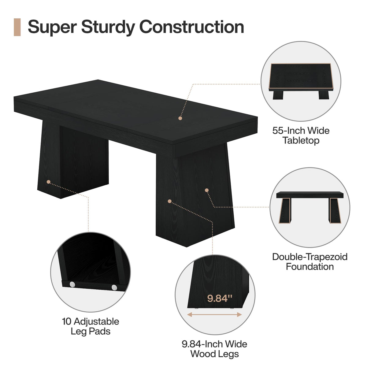 Tribesigns 55" Executive Desk, Wooden Office Desk with Double Pedestal, Modern Simple Computer Writing Table for Home Office, Black