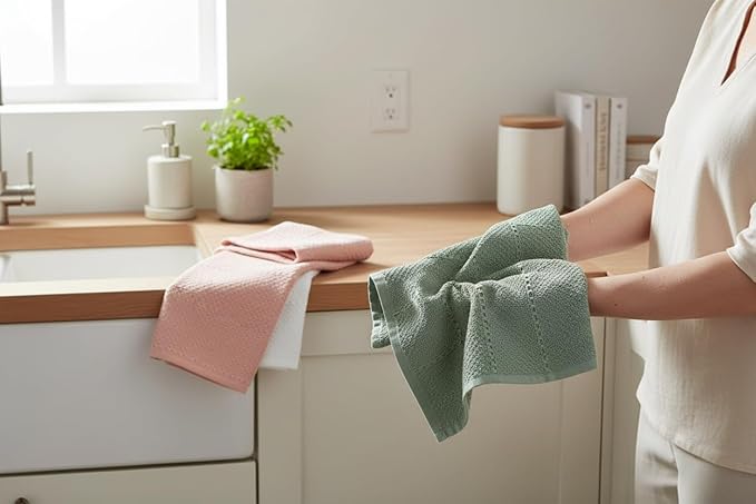Sage White Light Pink Kitchen Hand Dish Towels: Oversized 28" x 18", 100%