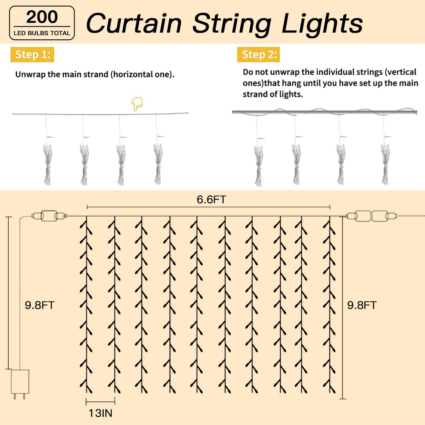 Soagrc 200 LED Warm White Curtain String Lights 9.8x6.6FT, Plug in Fairy Lights with 9 Hooks, Dimmable, Timer & 8 Modes, IP44 Waterproof, Bedroom Wall Wedding Party Christmas Indoor Outdoor Decor