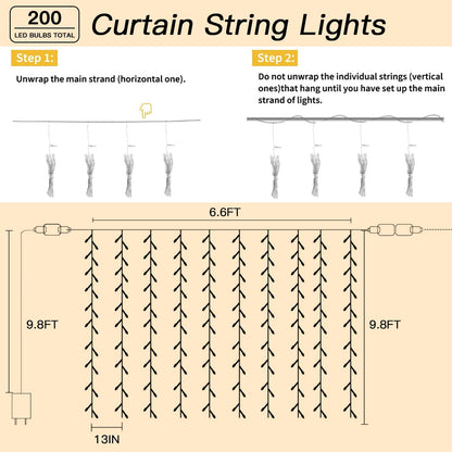 Soagrc 200 LED Warm White Curtain String Lights 9.8x6.6FT, Plug in Fairy Lights with 9 Hooks, Dimmable, Timer & 8 Modes, IP44 Waterproof, Bedroom Wall Wedding Party Christmas Indoor Outdoor Decor