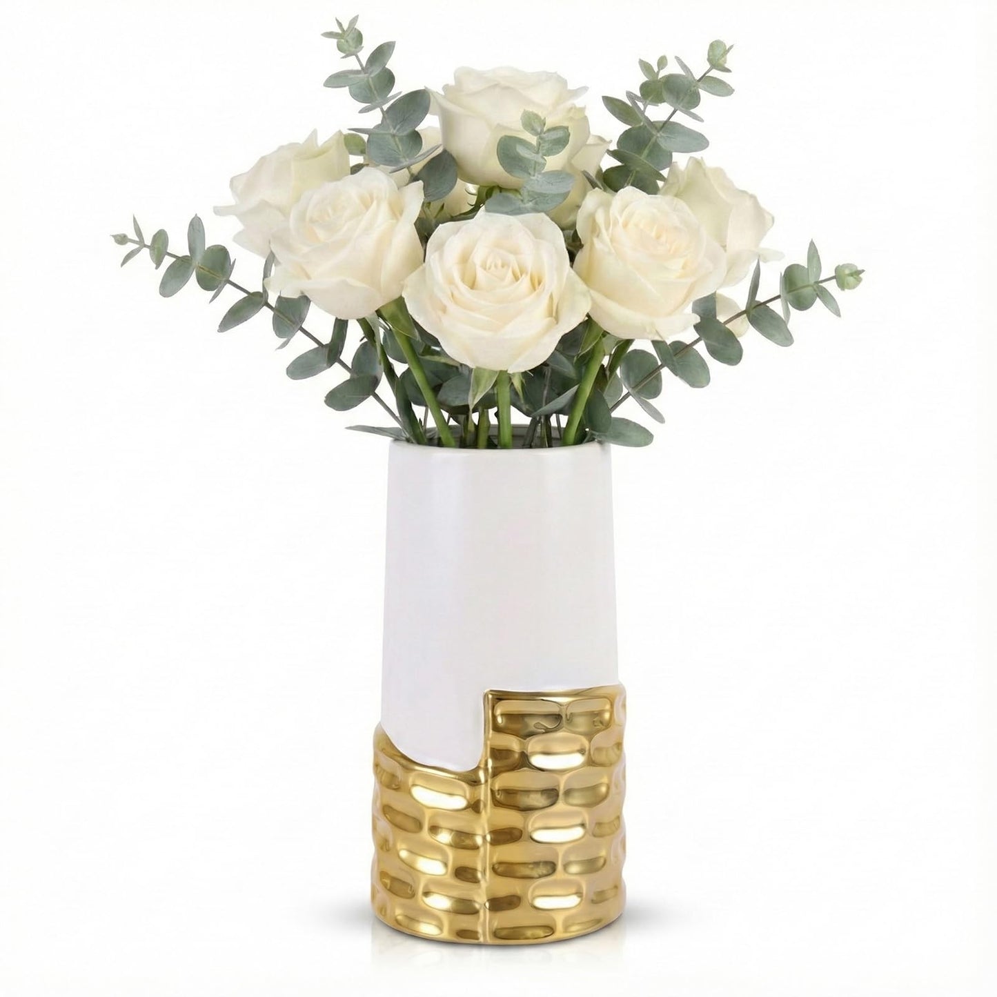 LCCCK 7.0" Gold Hammered Vase Home Decor, Elegant Ceramic White and Gold Flower Vase for Pampas Grass Decorative, Boho Small Cylinder Vases Centerpiece, Dining Table Living Room Jarrones Art