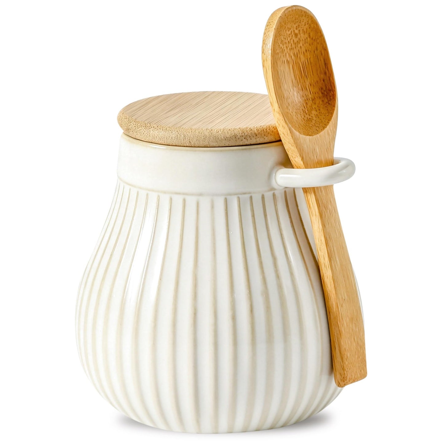 TEAKISS Sugar Bowl with Wooden Lid and Spoon, Ceramic Sugar Container for Coffee Bar, Sugar Jar Holder Sugar Dispenser Bowl for Sea Salt, Spice and Sugar, Glazed White