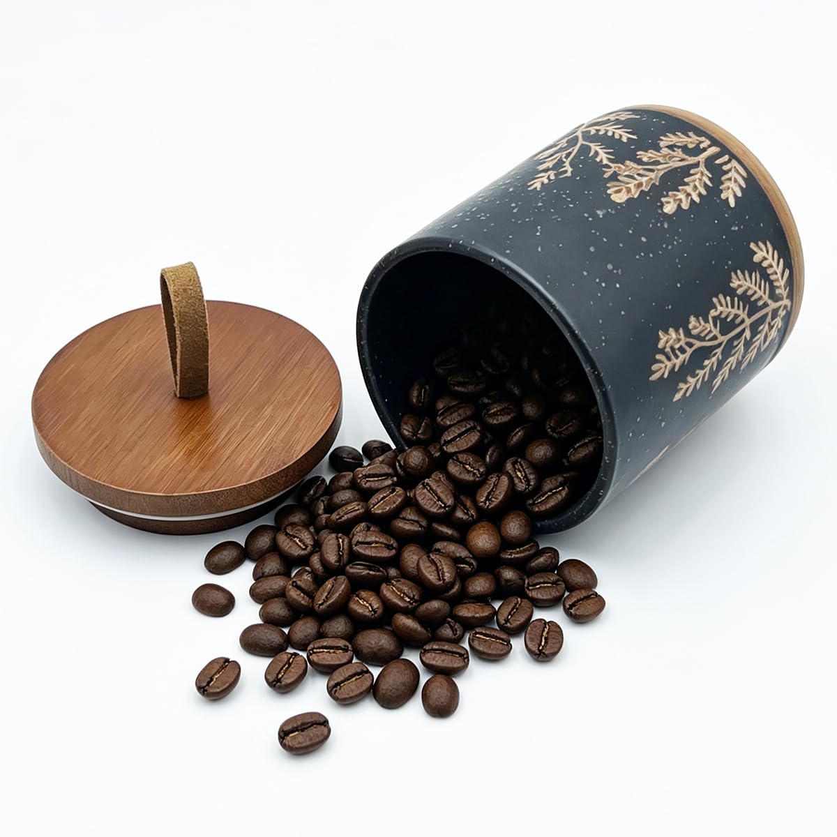 EWEIGEER 10oz Ceramic Airtight Food Storage Container with Wooden Spoon for Sugar,Matcha,Salt,Coffee,Spices,Cat Treat,Loose Leaf Tea(Black Botanical Fern Pattern)