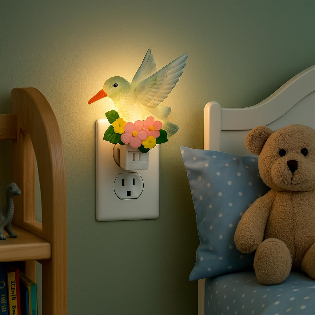 Novelty Lights LED Lamp Hummingbird with Flowers Spring Easter Decoration Night Light with Swivel Plug