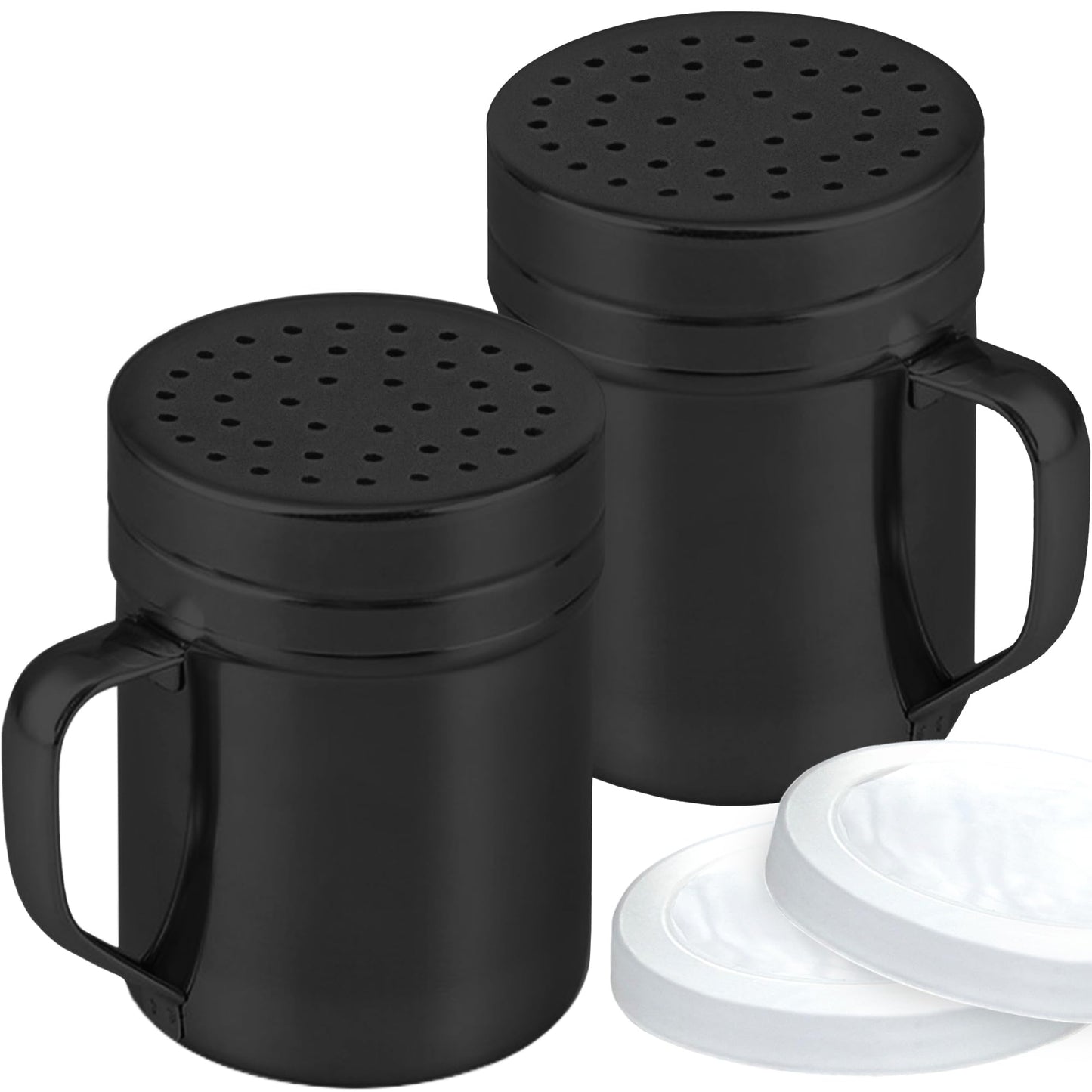 CUSINIUM 10oz Black Stainless Steel Salt Pepper Dredge Shakers - With Plastic Cap - With Handle - Pack of 2
