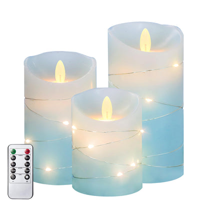 MELTONE Nautical Flameless Candles with String Lights Real Wax Ocean Blue Flickering Battery Operated Candles with Remote Control & Timer - Home Farmhouse Xmas Kitchen Dining Room Decor - Set of 3