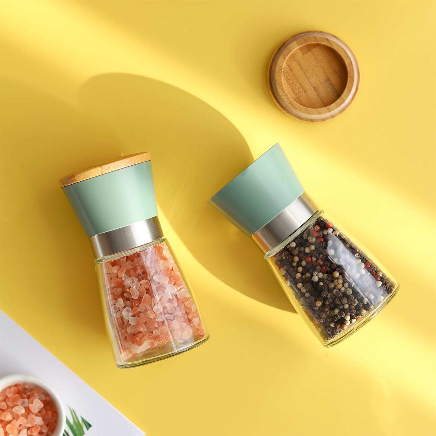 Vucchini Salt and Pepper Grinders 2 Set with Ceramic Core Cinnamon,Adjustable Coarseness,Green,Bamboo,Spice Mills,Home Kitchen Birthday,Housewarming Gifts