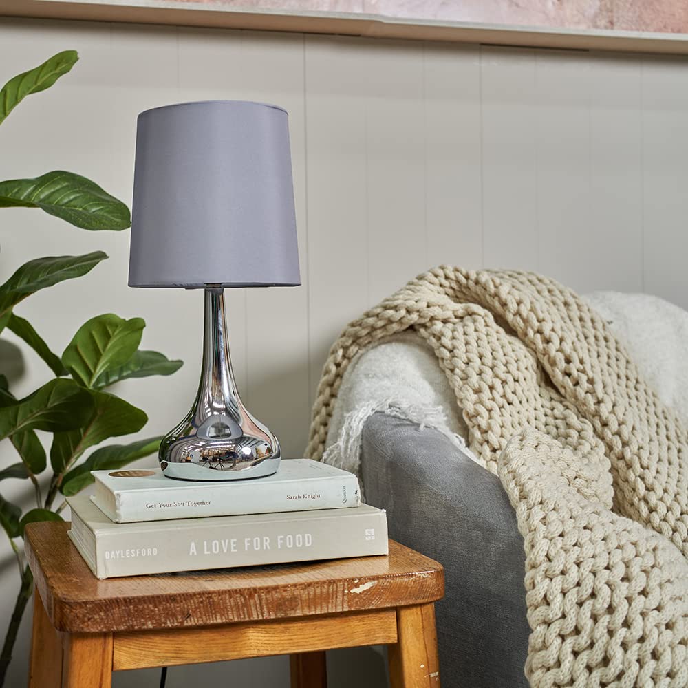 MiniSun | Modern Chrome Teardrop Touch Table Lamps with Grey Fabric Shades | Table Lamps, Home Décor & Improvement Essential | Set of 2 | Includes 5W LED Bulbs [3000K Warm White]