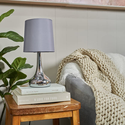 MiniSun | Modern Chrome Teardrop Touch Table Lamps with Grey Fabric Shades | Table Lamps, Home Décor & Improvement Essential | Set of 2 | Includes 5W LED Bulbs [3000K Warm White]